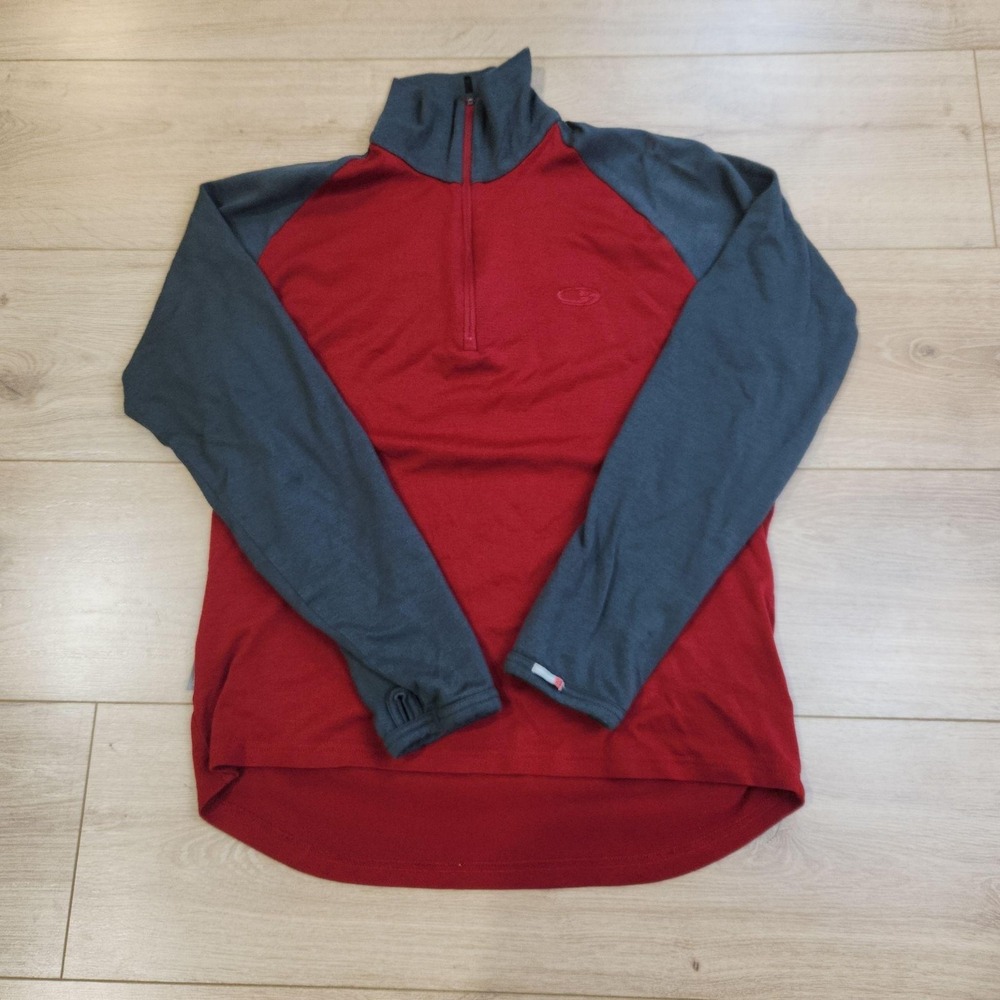 Icebreaker Merino Pullover Mens Medium Red Gray 1/4 Zip Long Sleeve Base Layer